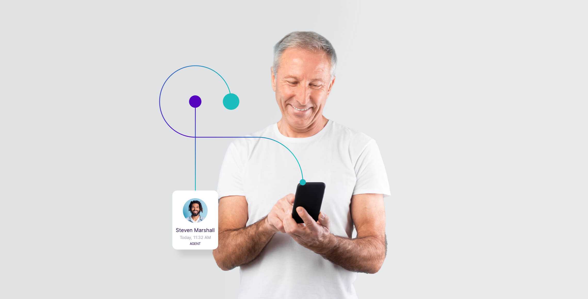 Happy man holding a mobile phone to interact with an agent supported by digital transformation in healthcare