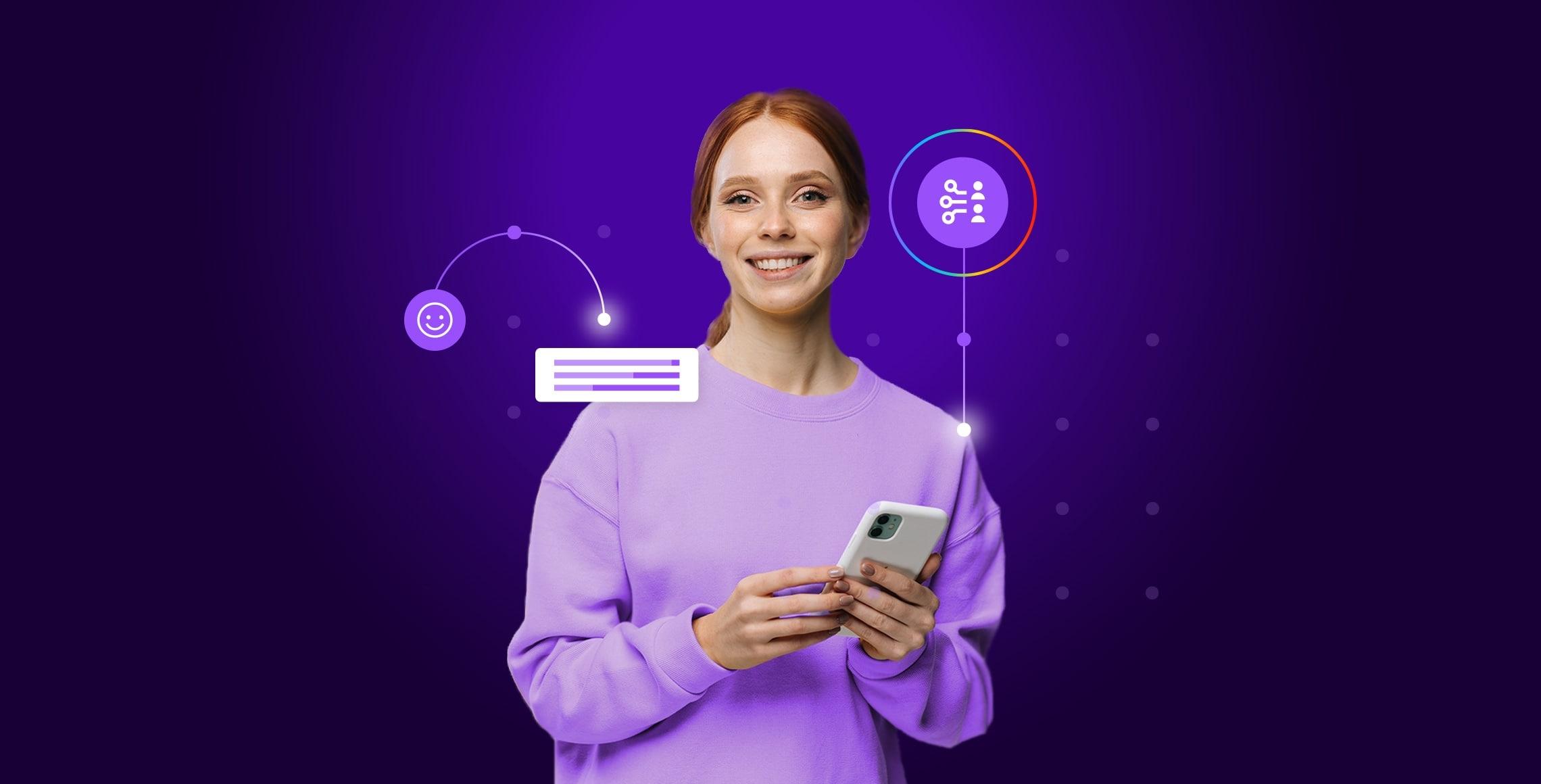 Woman holding a phone with AI knowledge management icons