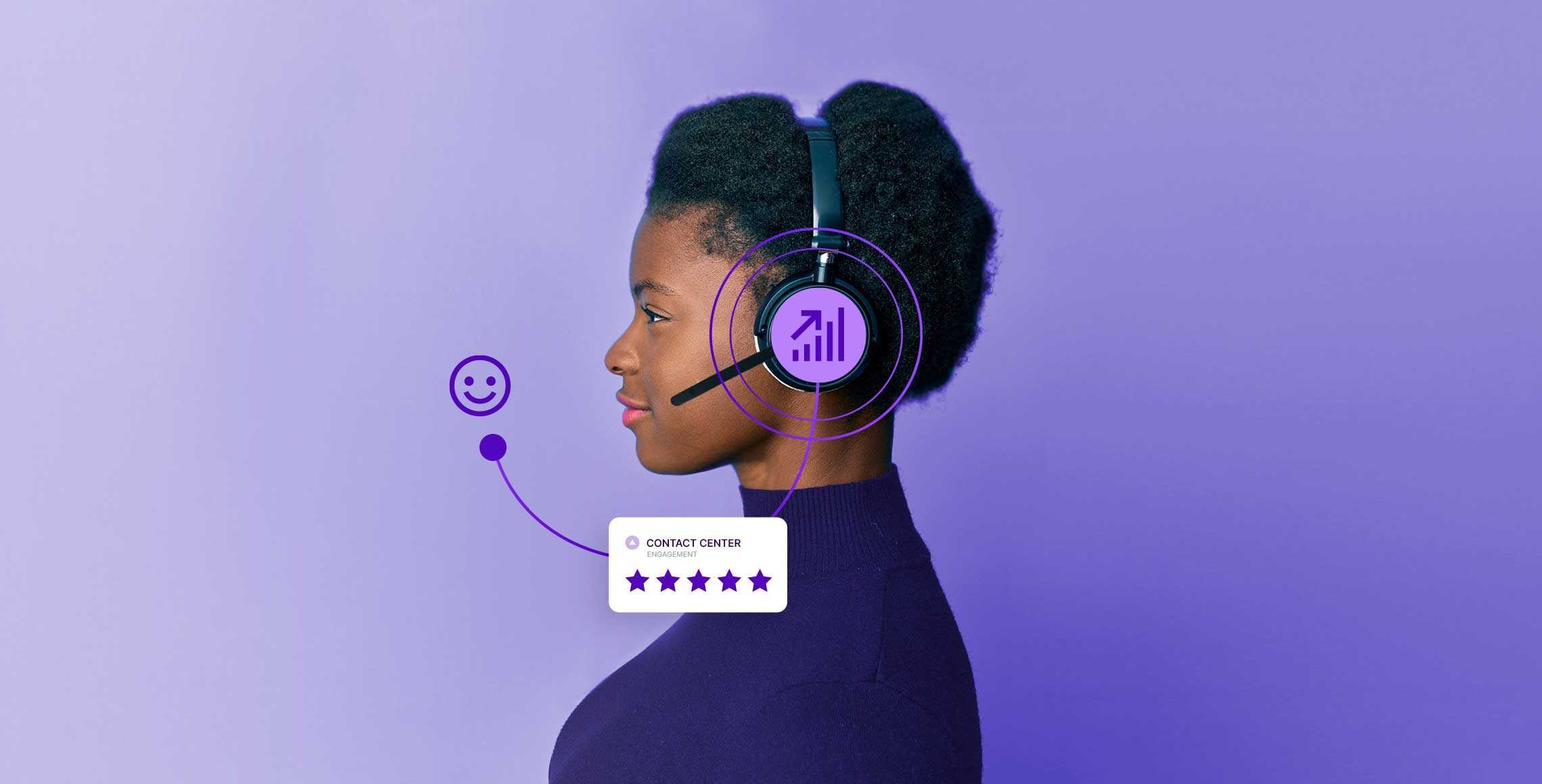 Face profile of a woman wearing a pair of headsets, surrounded by icons that represent customer service metrics and satisfaction