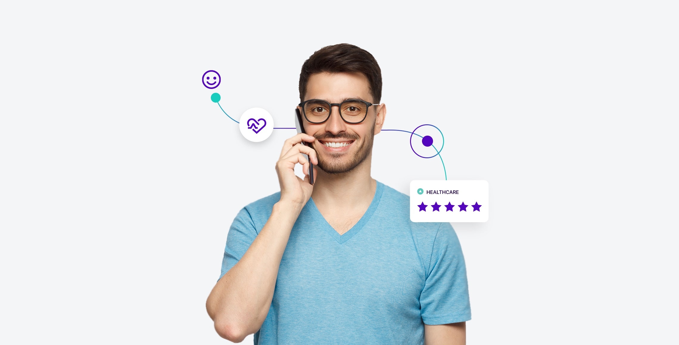 Smiling man with glasses talking on the phone healthcare service icons for HLTH conference