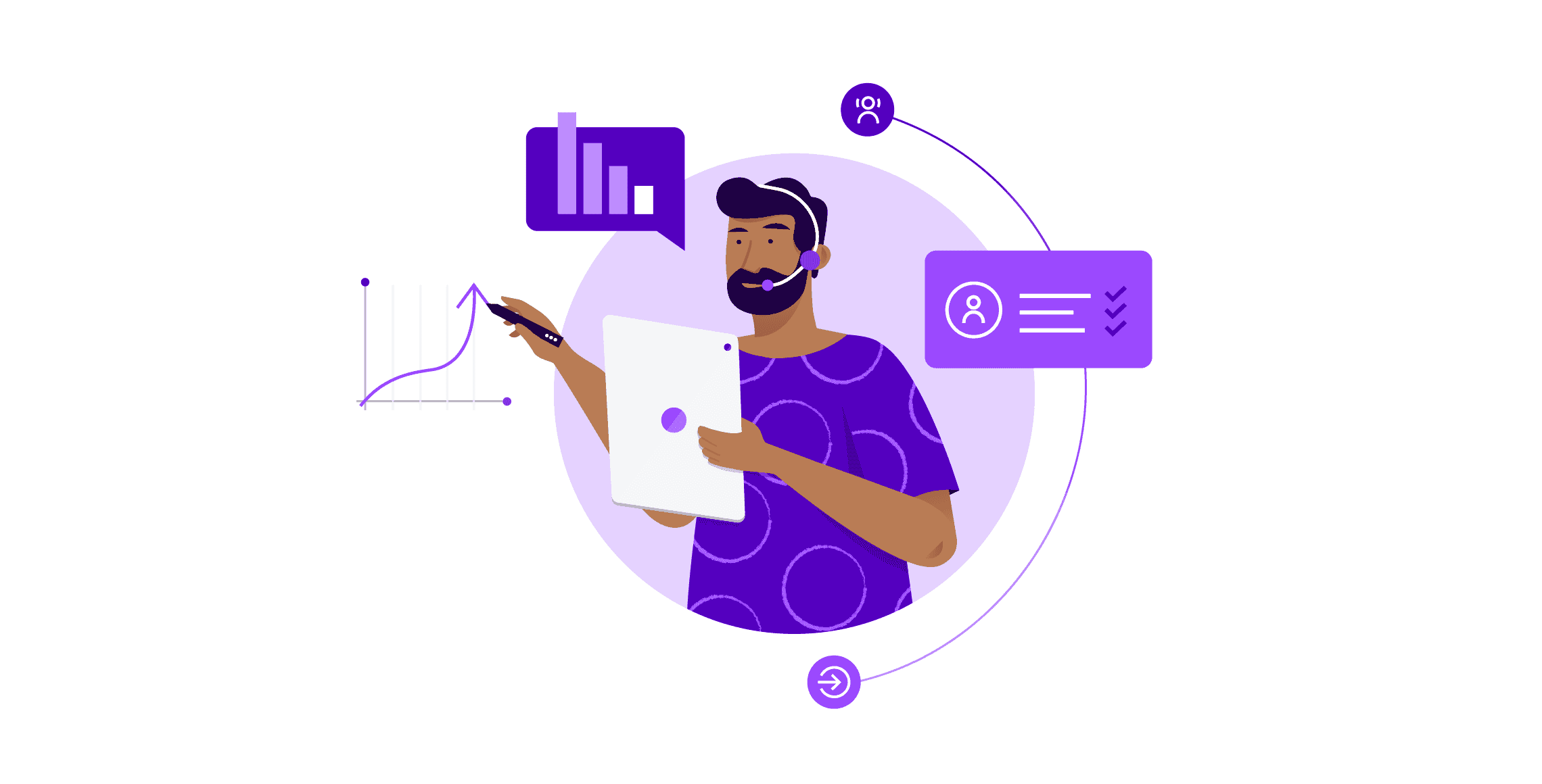 Man with headsets holding a tablet, drawing on a graph, and looking at other graphs and information about adherence to schedule