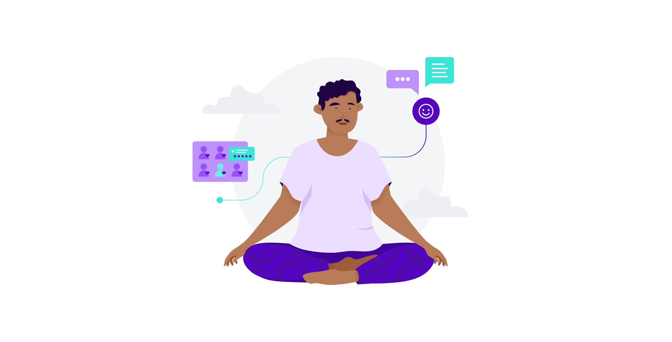 man in a meditating position with a happy icon and 5 star rating for healthcare patient experience