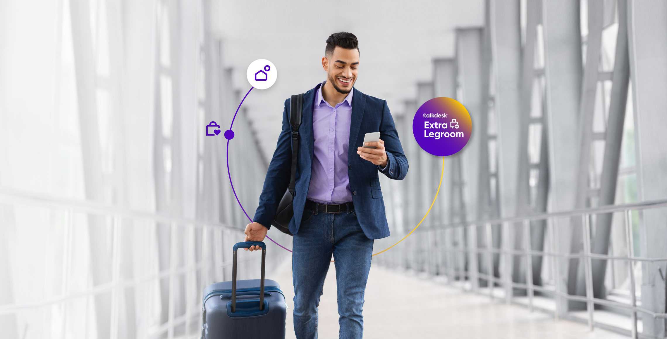 Man pushing a suitcase and looking at his phone. Travel and hospitality icons around him and the text Extra Legroom logo