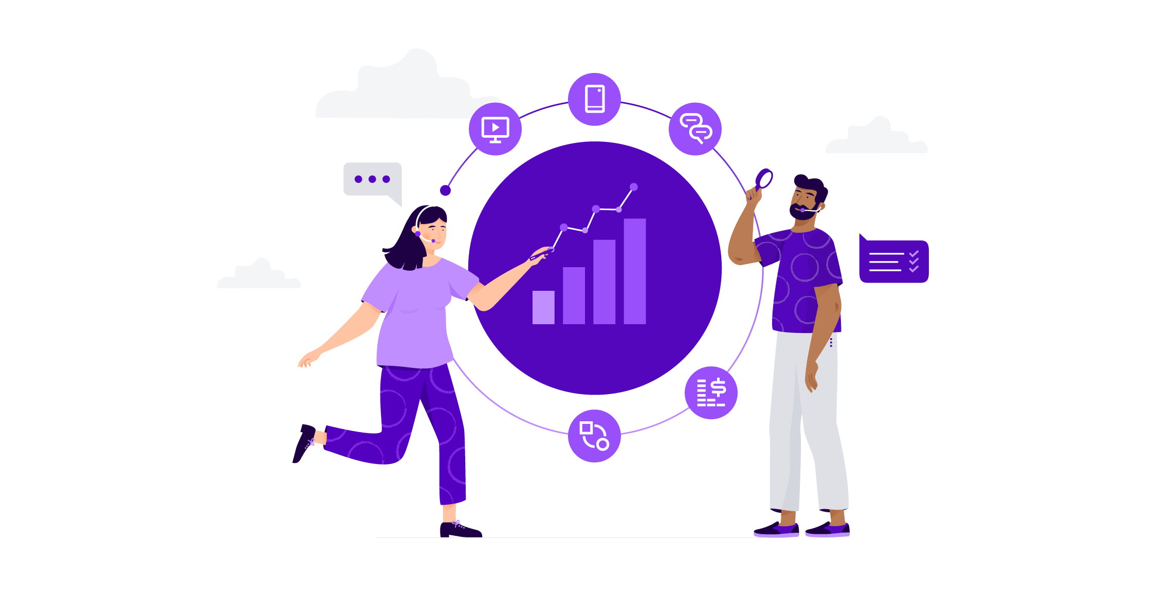 Woman and man pointing to a circle with icons for UCaaS channels pointing to a rising bar graph