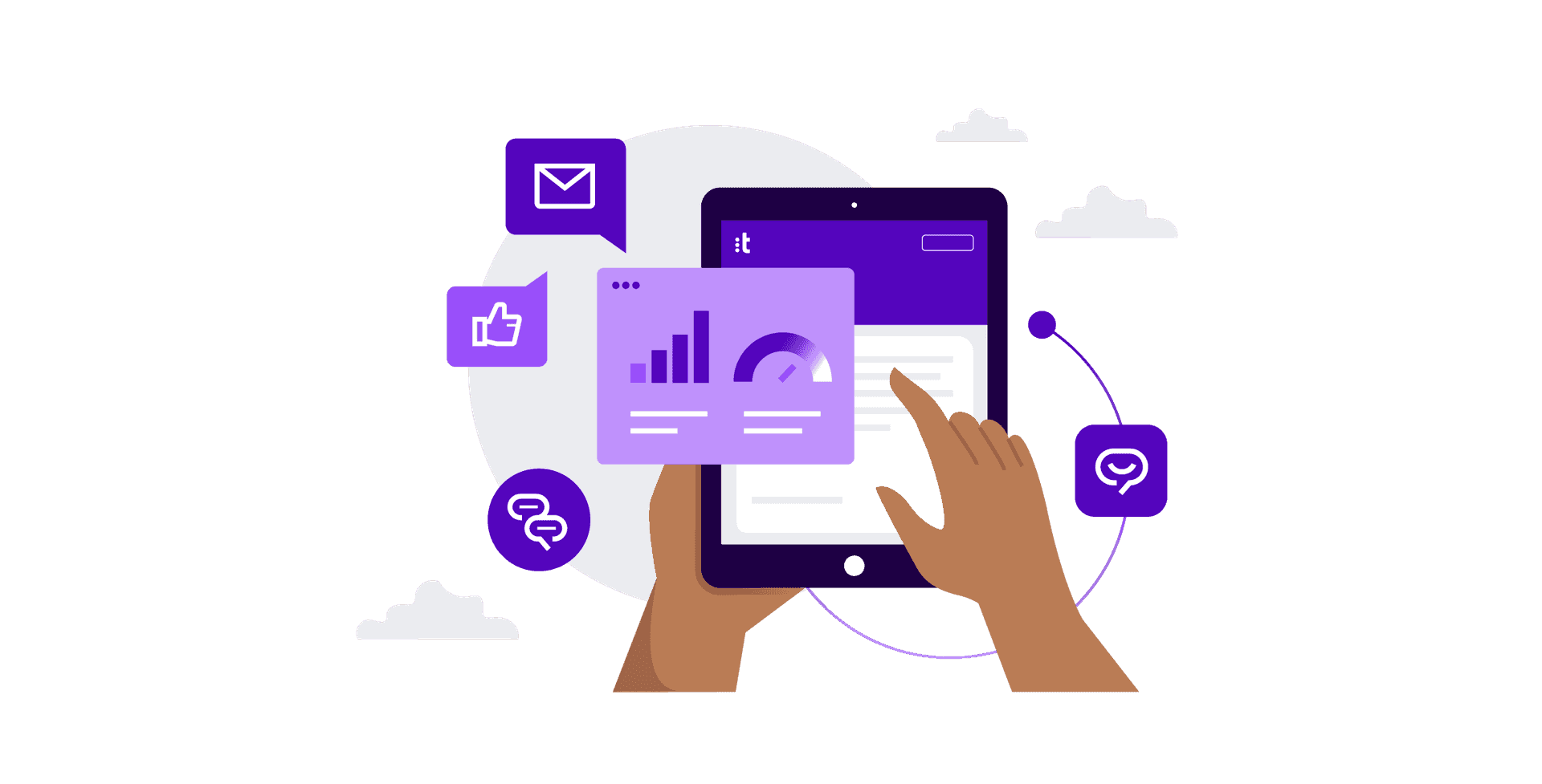 two hands holding a tablet and several icons related to digital customer service performance graphics