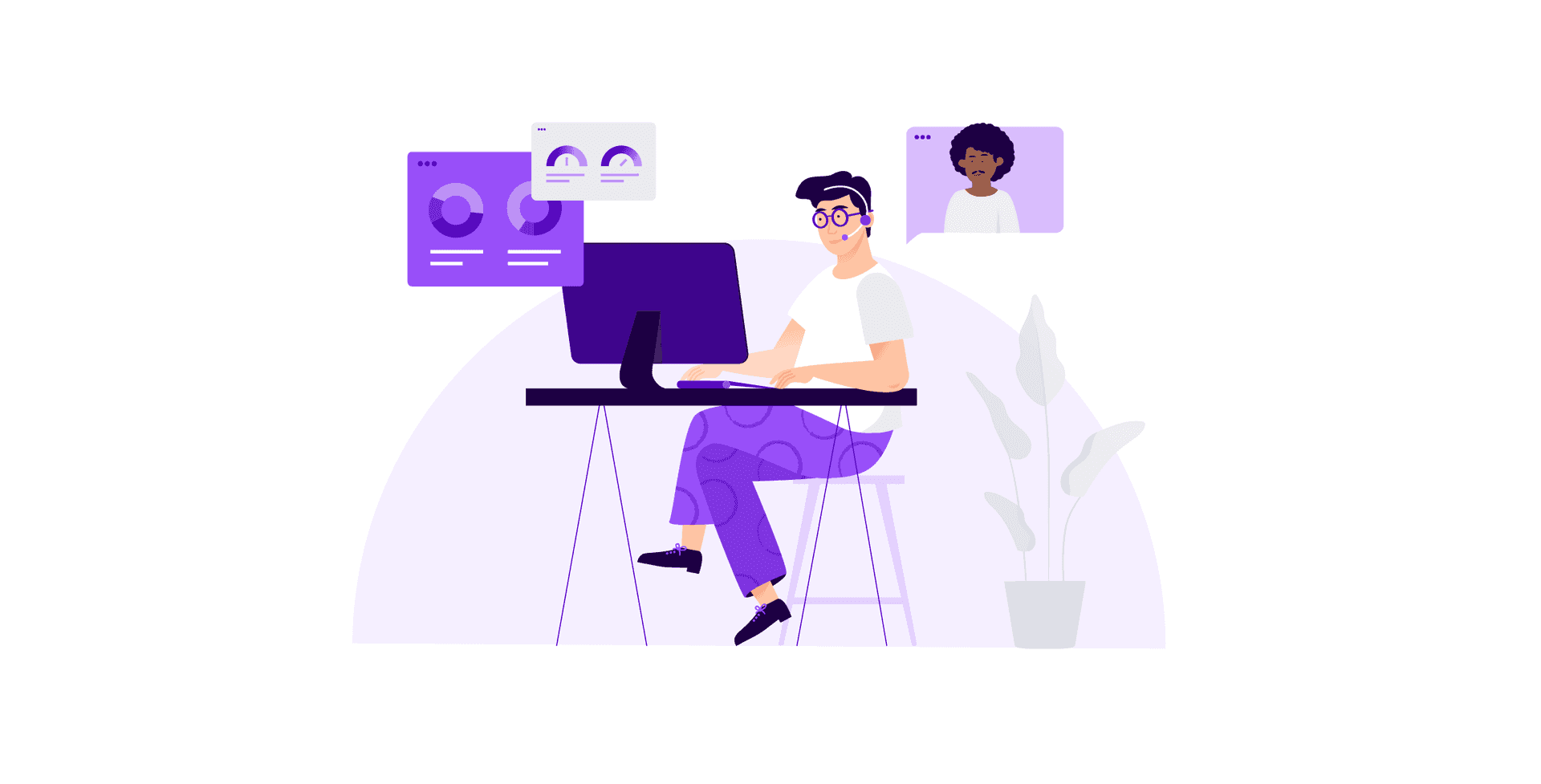 contact center agent siting at a desk with a computer looks at the average speed of answer to speak to the woman customer in the back