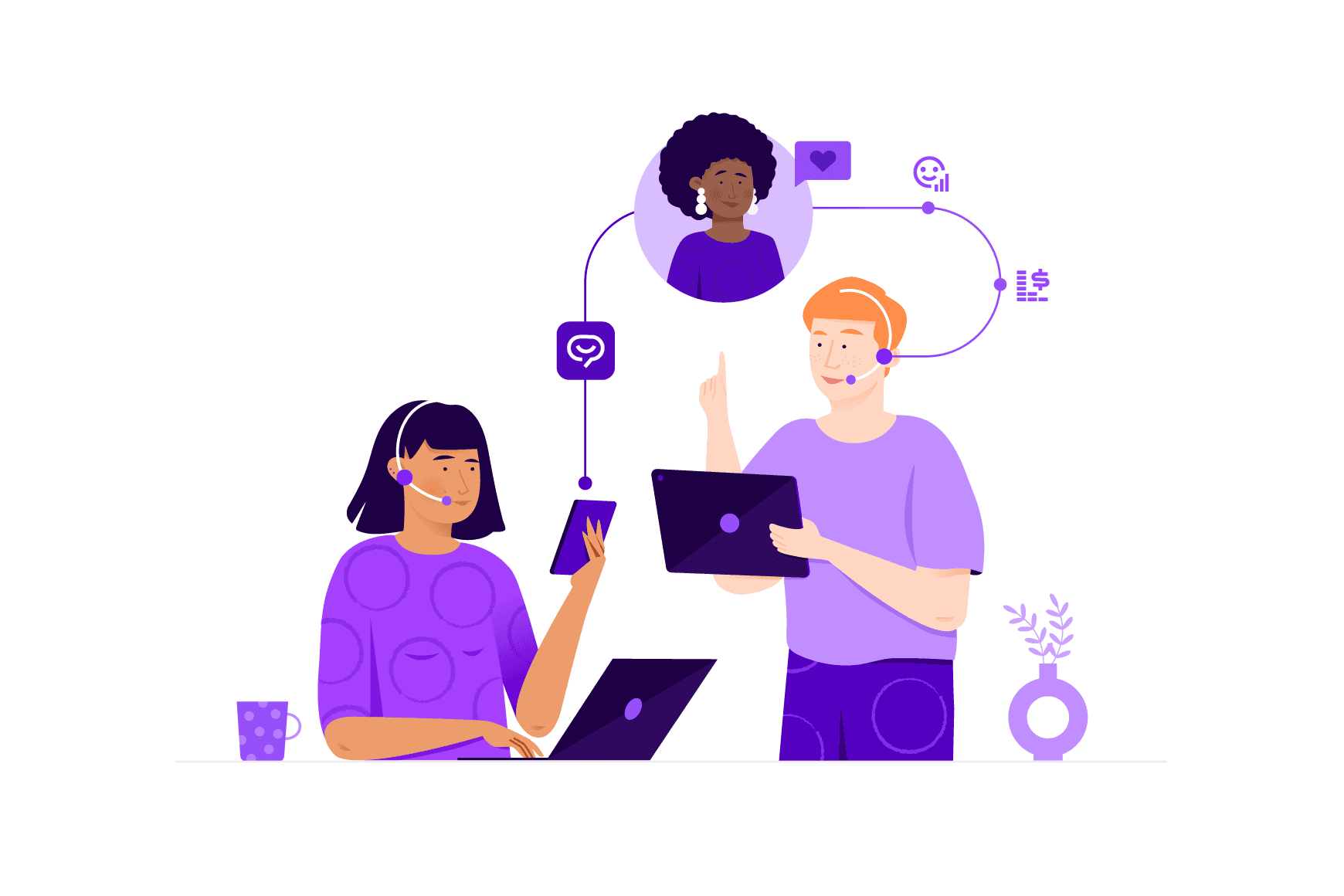 An illustration representing three people interacting through phone and digital channels.