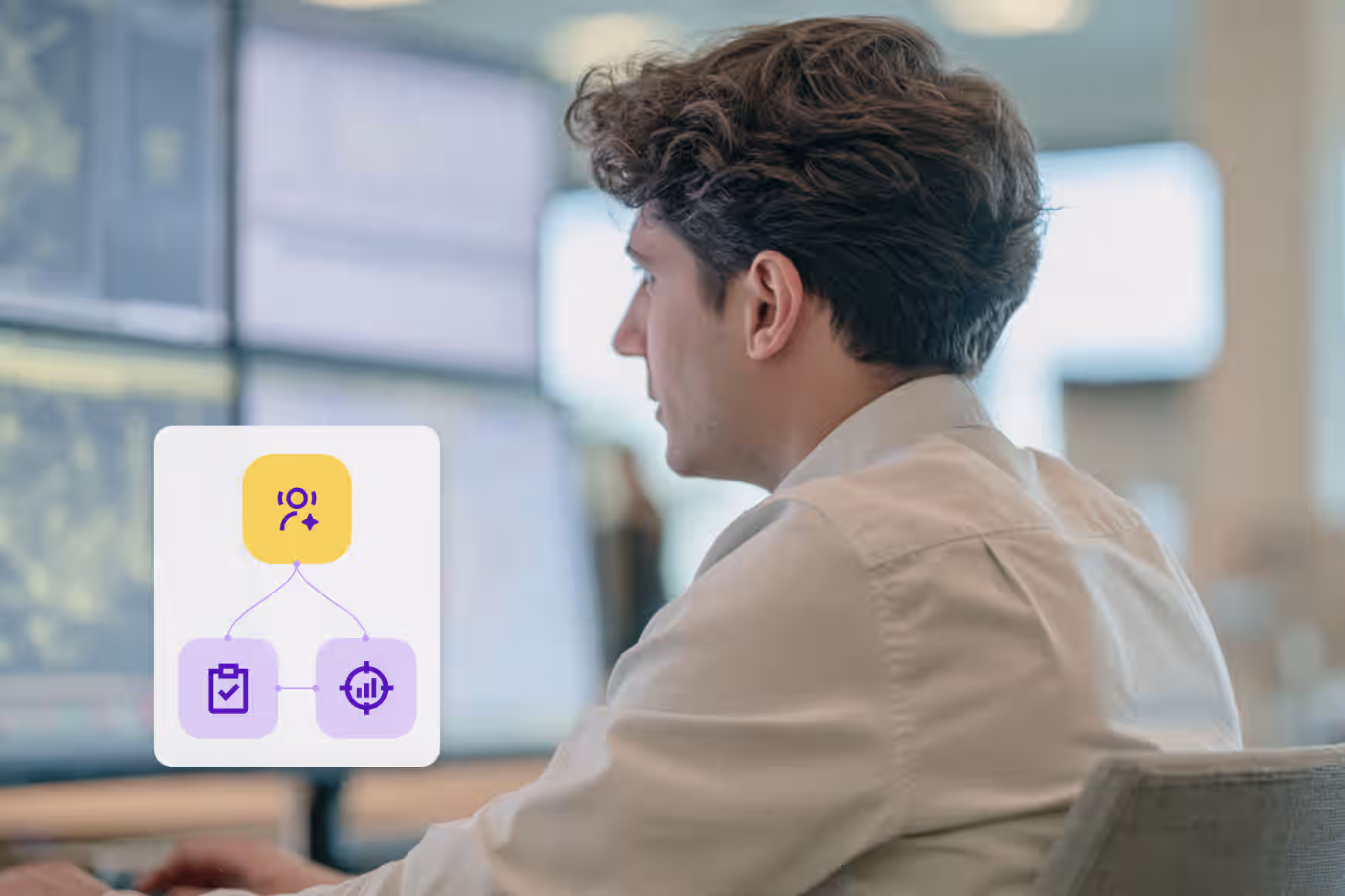 Man monitoring multiple screens, with an AI agent governance graphic illustrating oversight, evaluation, and control of AI agents