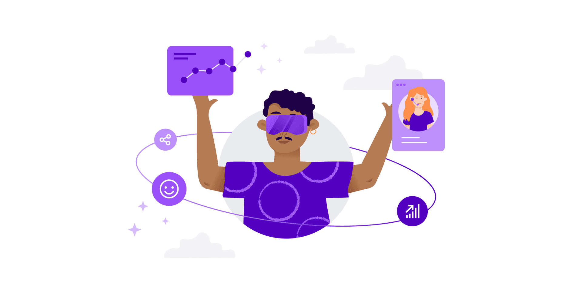 man with vr glasses inside of a circle holding an image of a graph and a contact center agent for a metaverse customer experience
