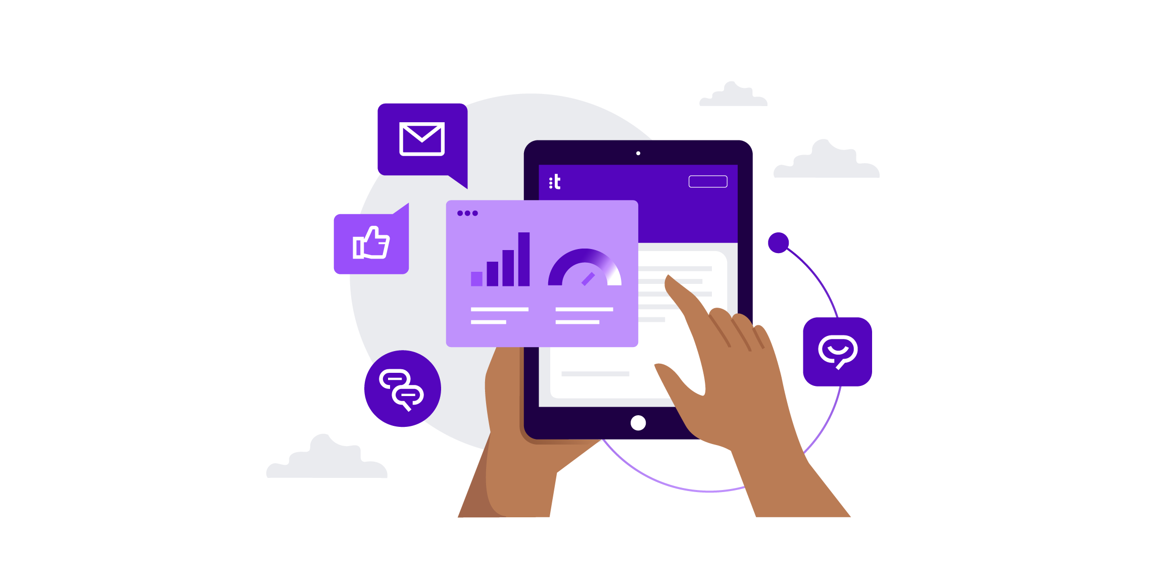 two hands holding a tablet and several icons related to digital customer service performance graphics