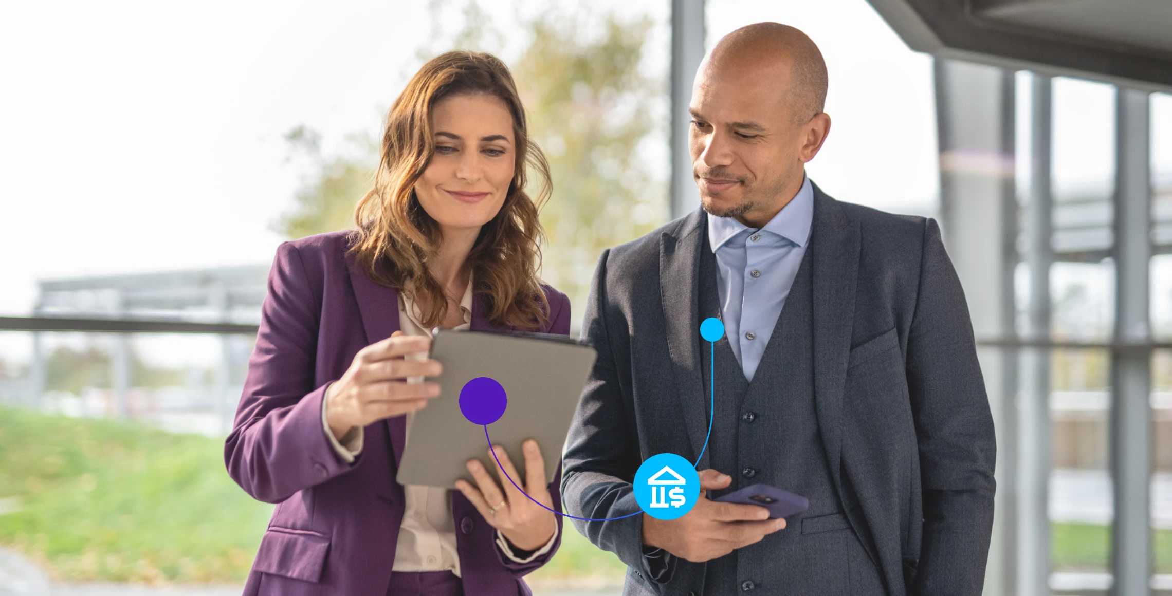 Woman holding a tablet and a man looking at it, and an icon of ai in banking