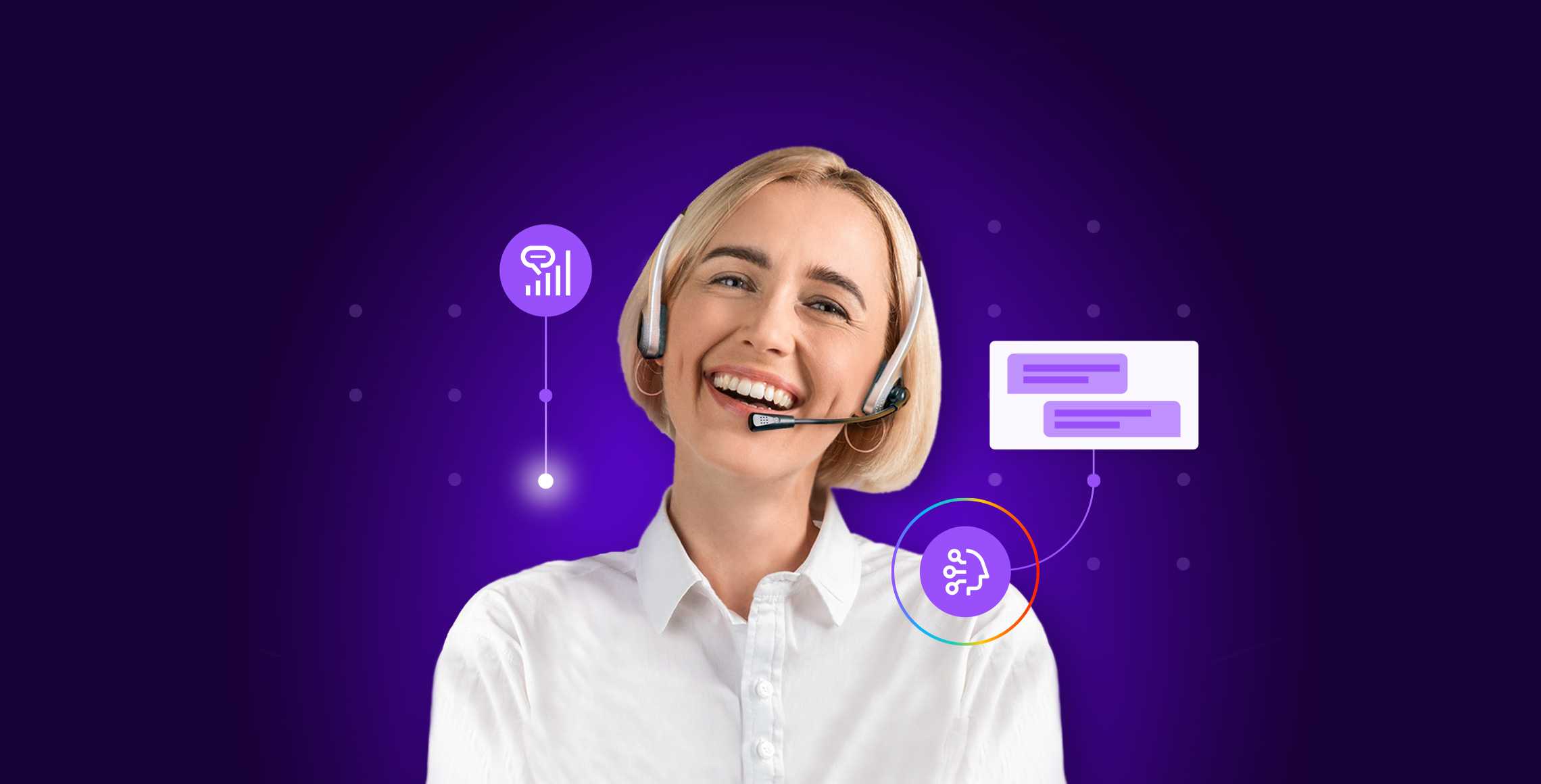 Happy woman using a headset with a couple of conversational ai icons on the back