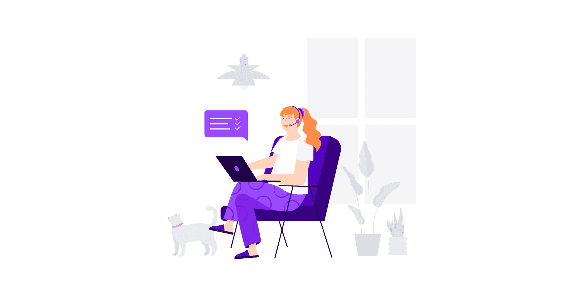 Work from home call center woman sitting on a chair next to her cat with a computer on her lap and a headset
