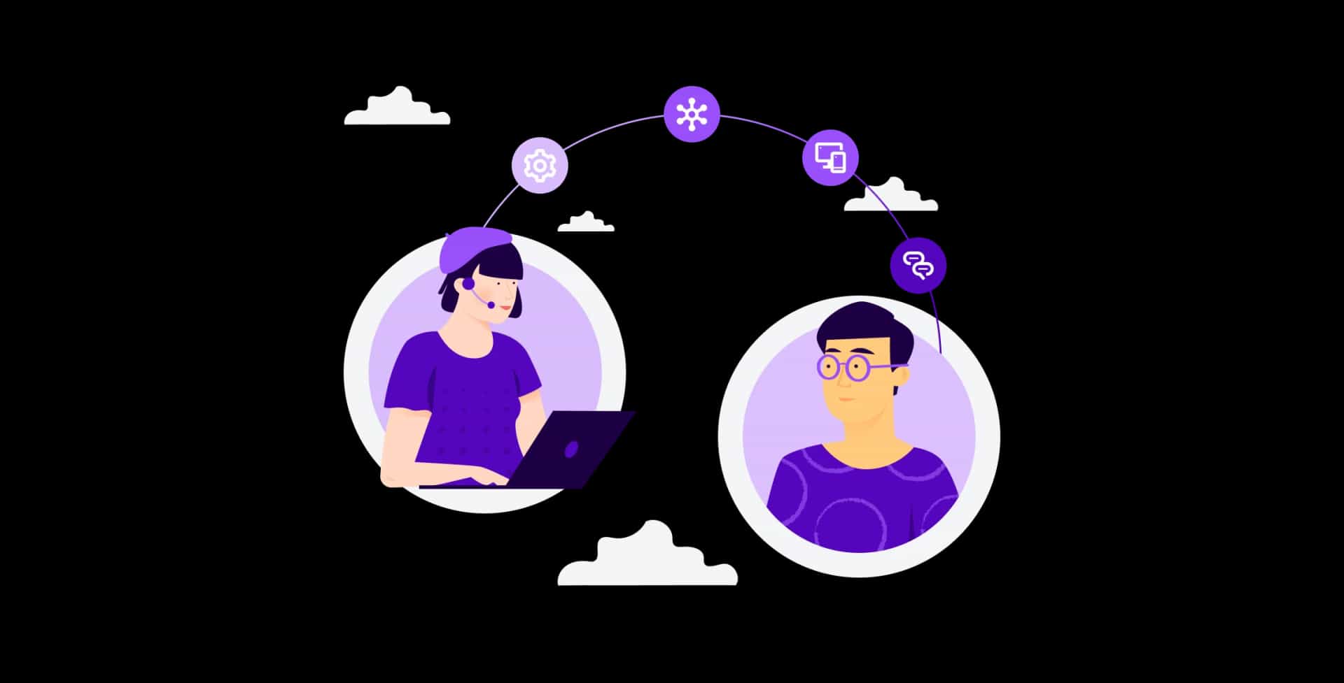 Agent interacting with a customer using different types of customer service channel icons