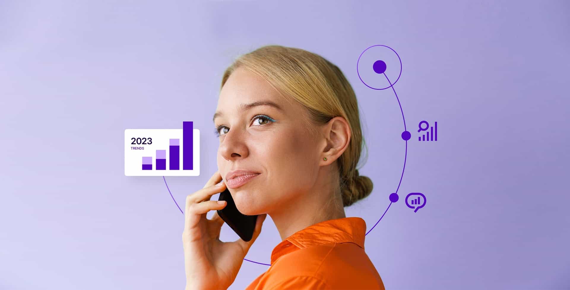Woman talking on the phone with a few icons and customer service statistics in a circle behind her