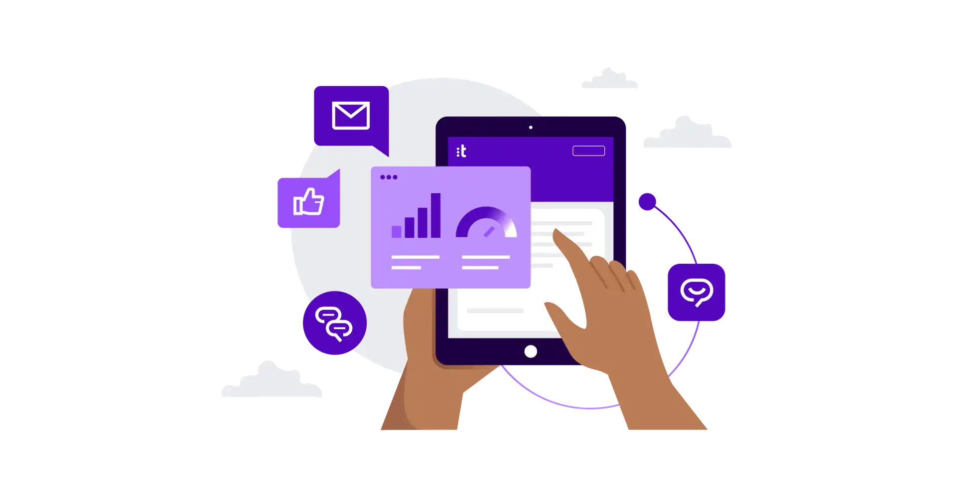 two hands holding a tablet and several icons related to digital customer service performance graphics