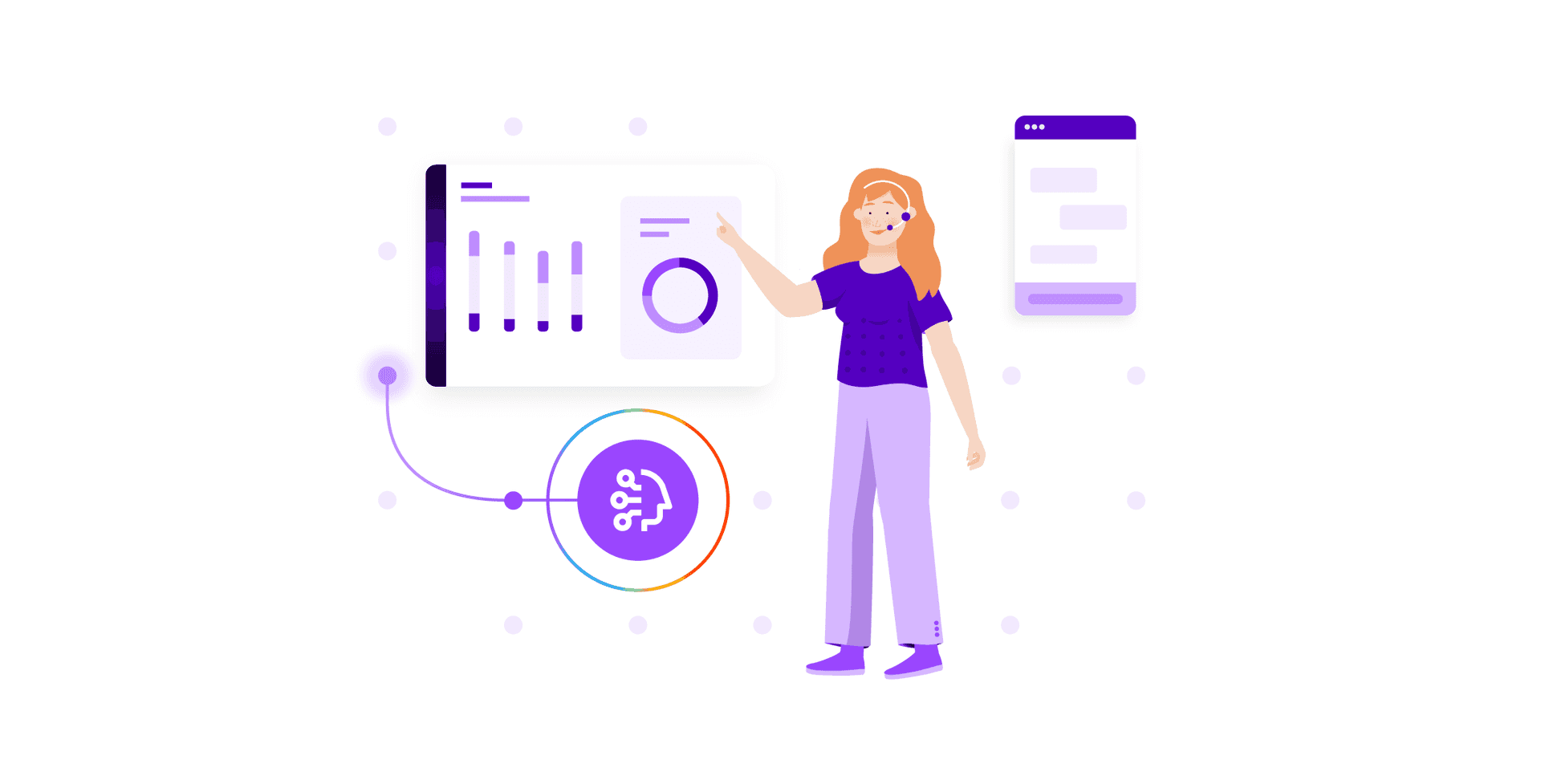 Woman with headset looking at graphs and an ai call center icon below