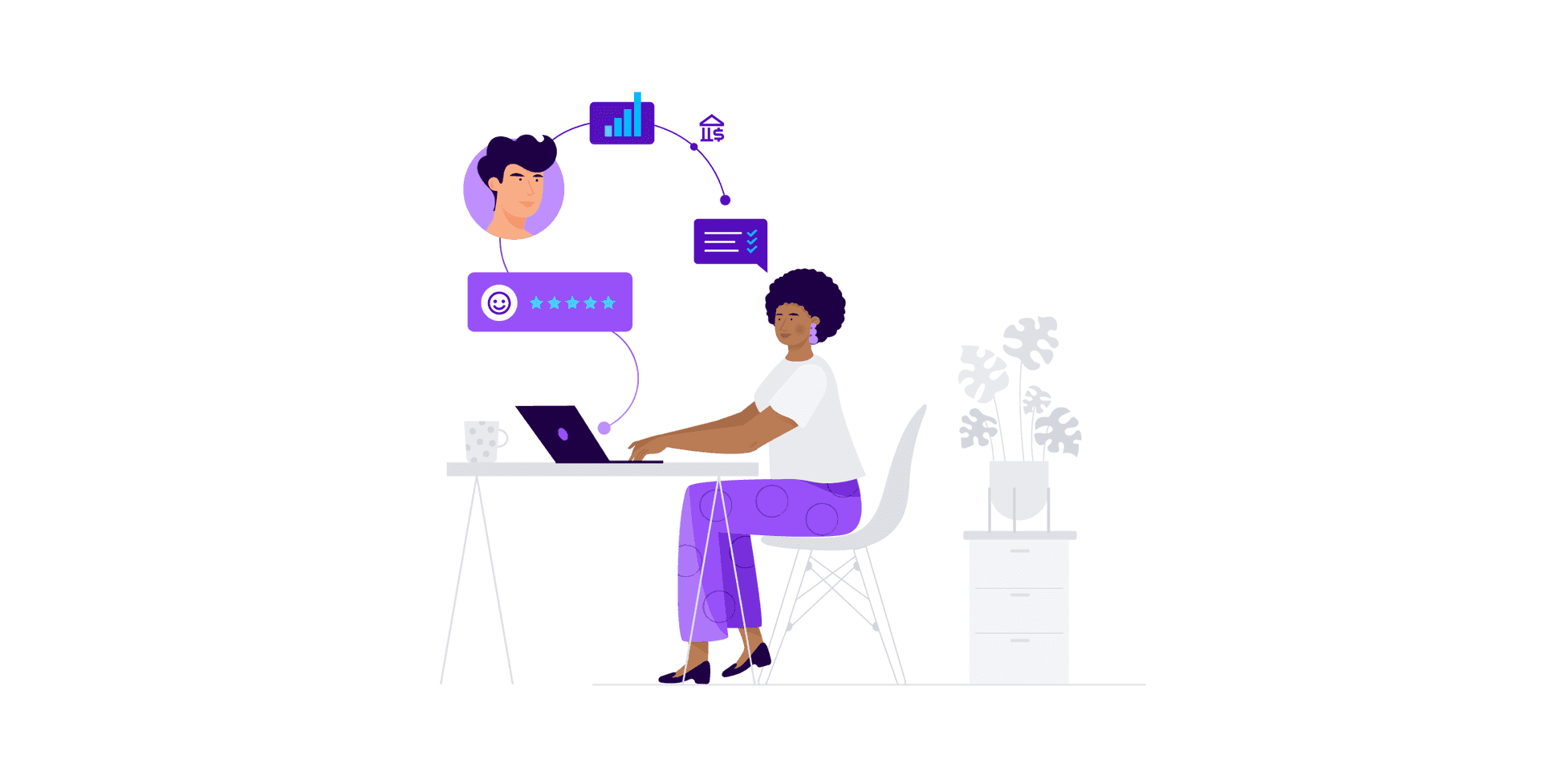 An illustration of a woman sitting at her computer and managing her bank account online