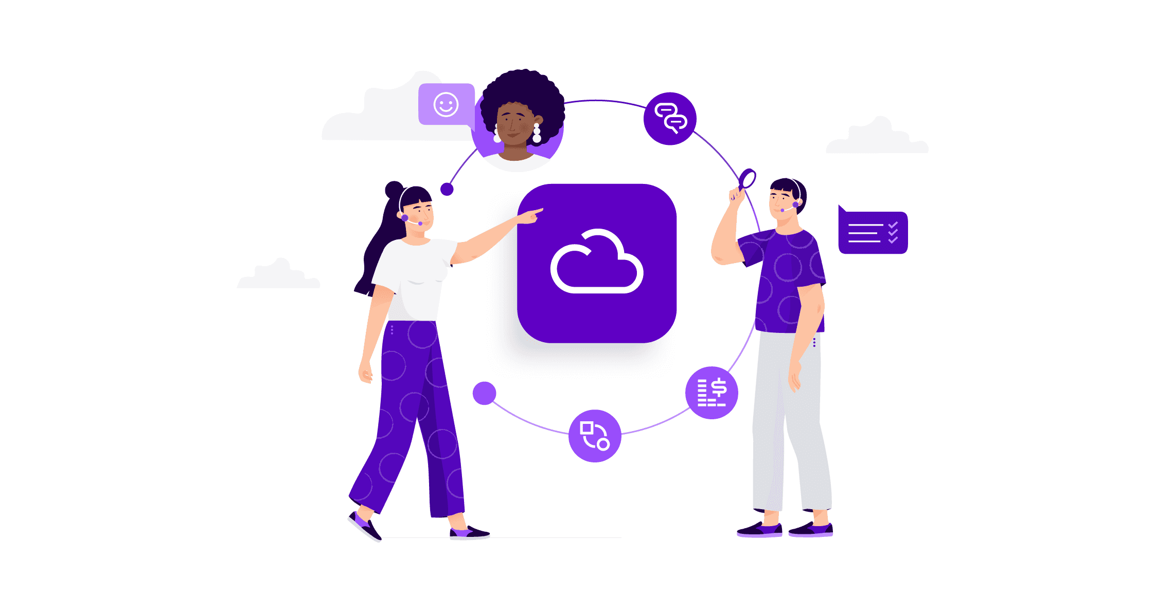 Circle with several icons and two contact center agents and a customer with a cloud in the middle for contact center as a service (CCaaS)