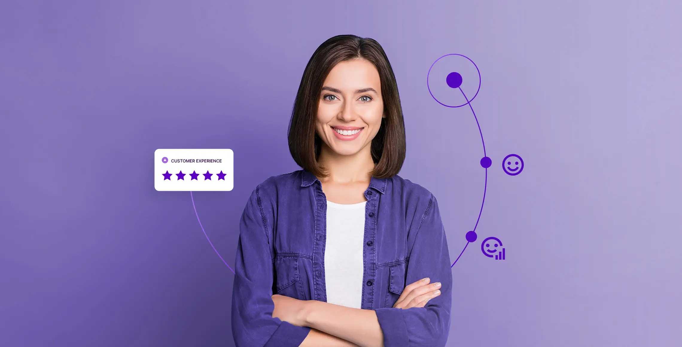 Woman smiling with a few icons around her related to customer engagement strategy