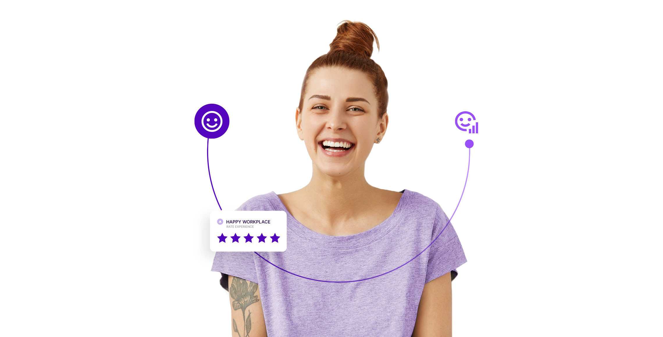 Woman smiling, 5 star rating for making the contact center a happier place to work