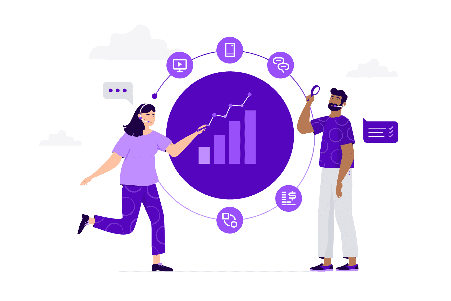 Woman and man pointing to a circle with icons for UCaaS channels pointing to a rising bar graph