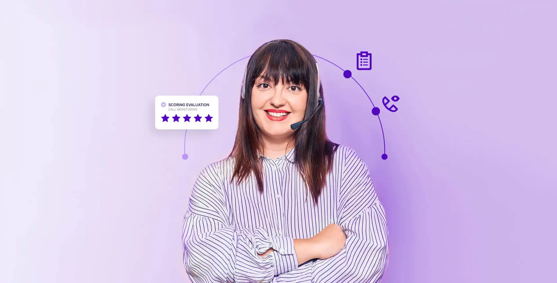 happy woman with headsets, a phone icon and a file icon connected to a call center scoring evaluation form