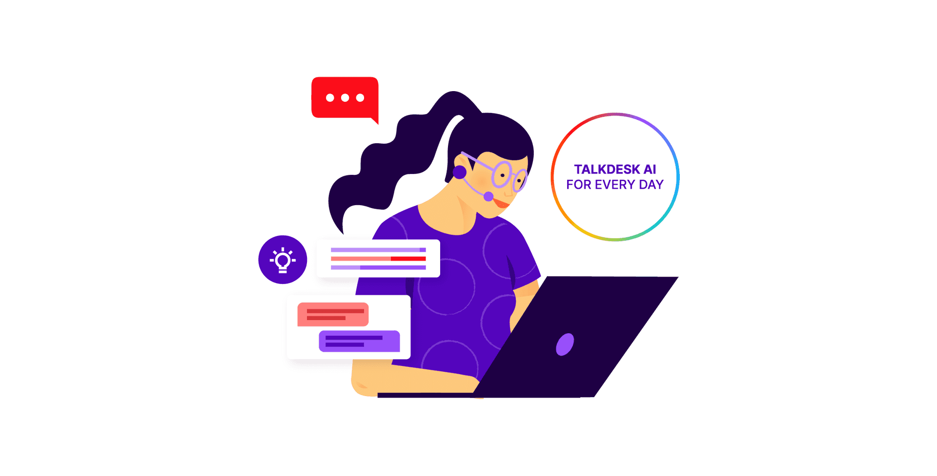 Woman with a ponytail looking at a computer and chat messages on the side for conversational commerce.