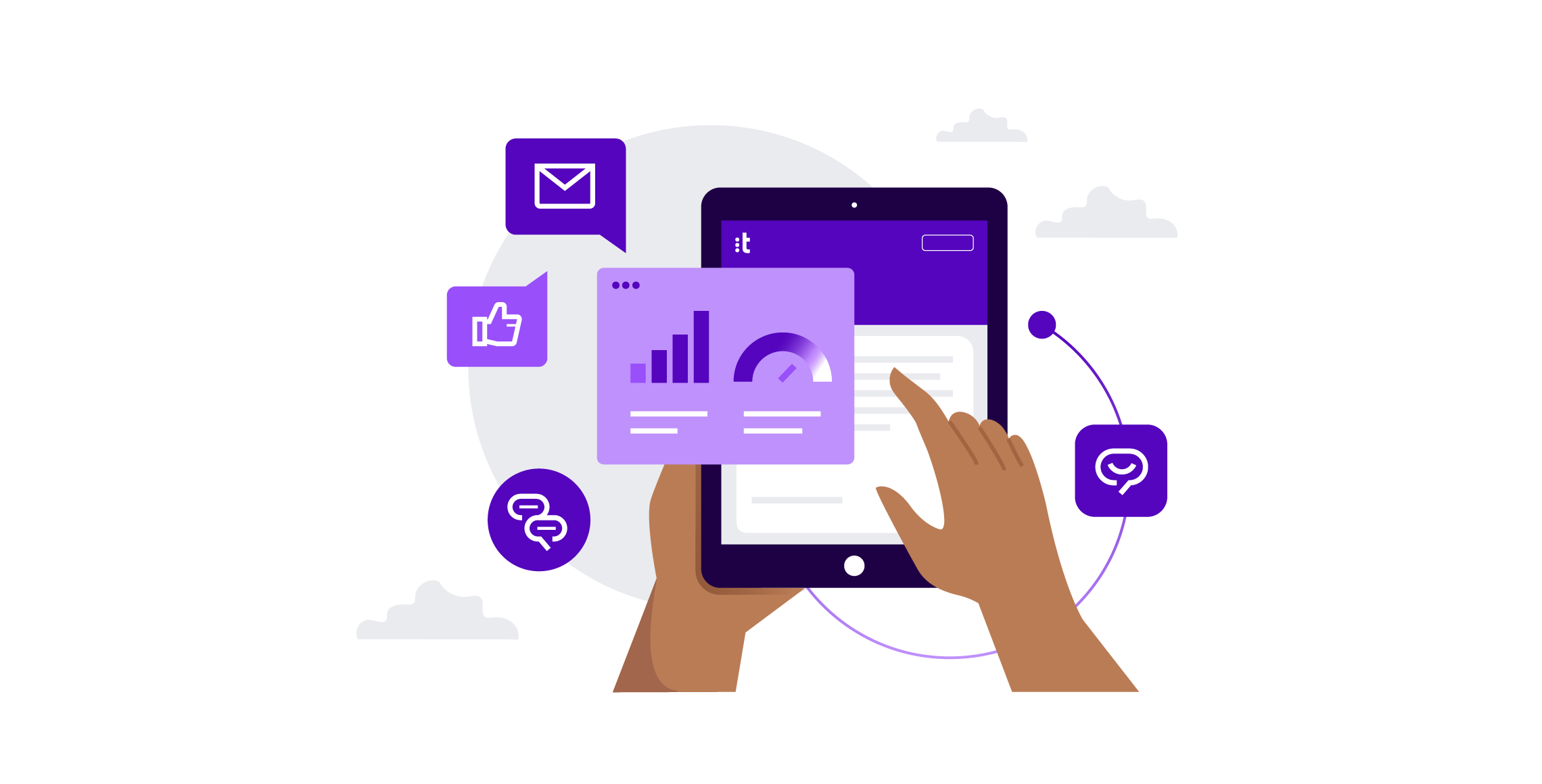 two hands holding a tablet and several icons related to digital customer service performance graphics