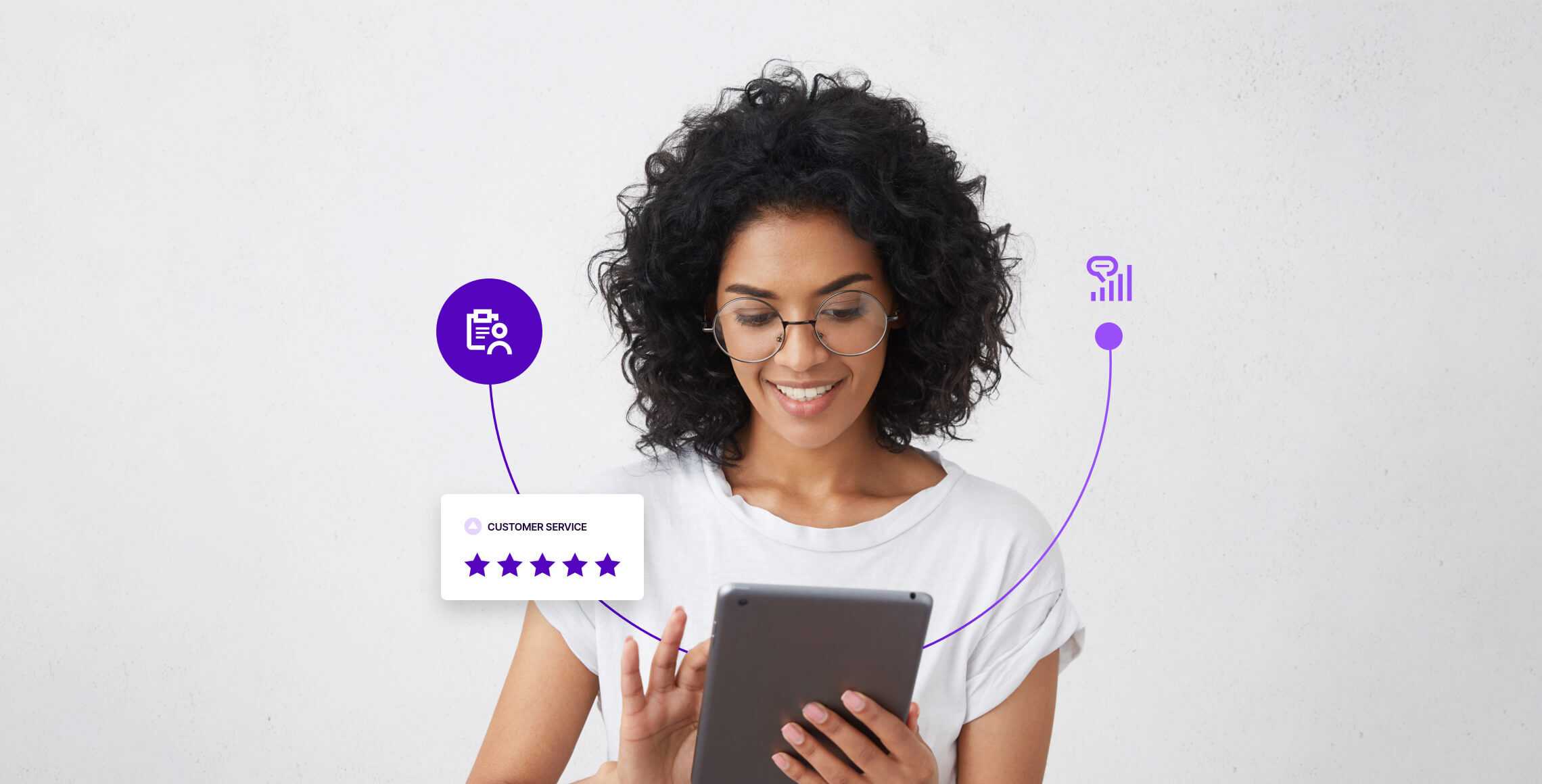 A woman surrounded by icons that represent customer service metrics, with a tablet on her hands.