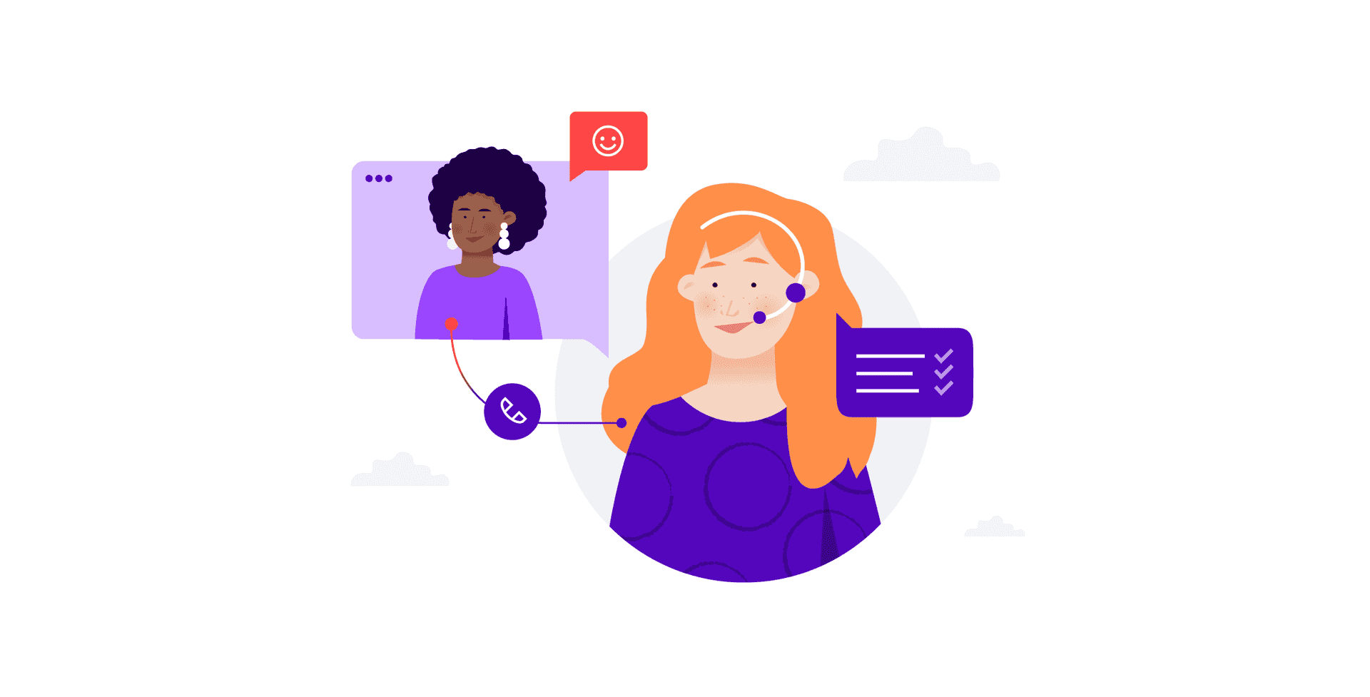 Two smiling women, a call center agent and a customer, talk on the phone and the agent uses techniques on how to improve FCR