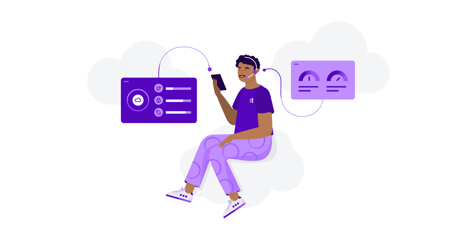 An icon-filled picture of a man with a smartphone and headphones