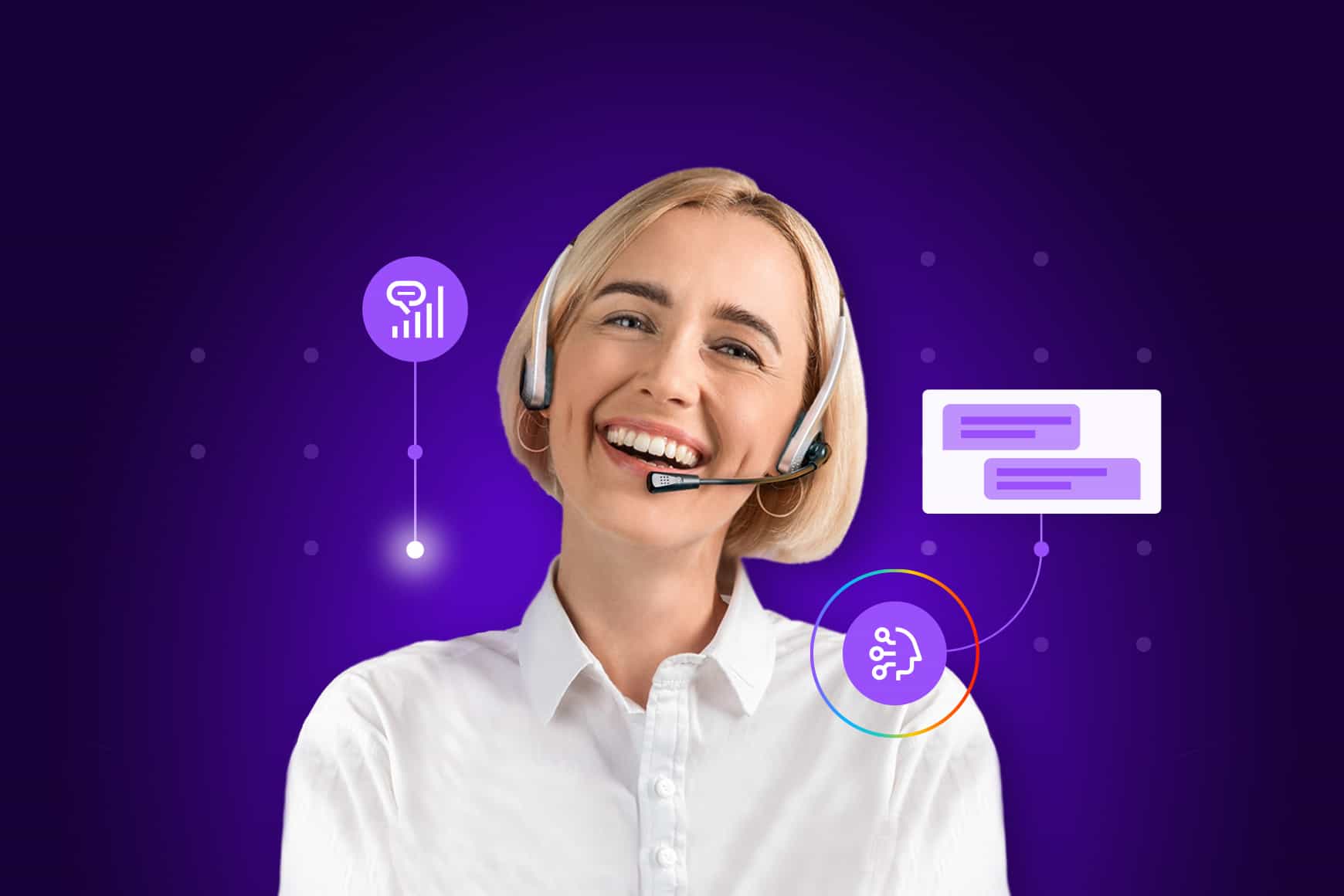 Happy woman using a headset with a couple of conversational ai icons on the back