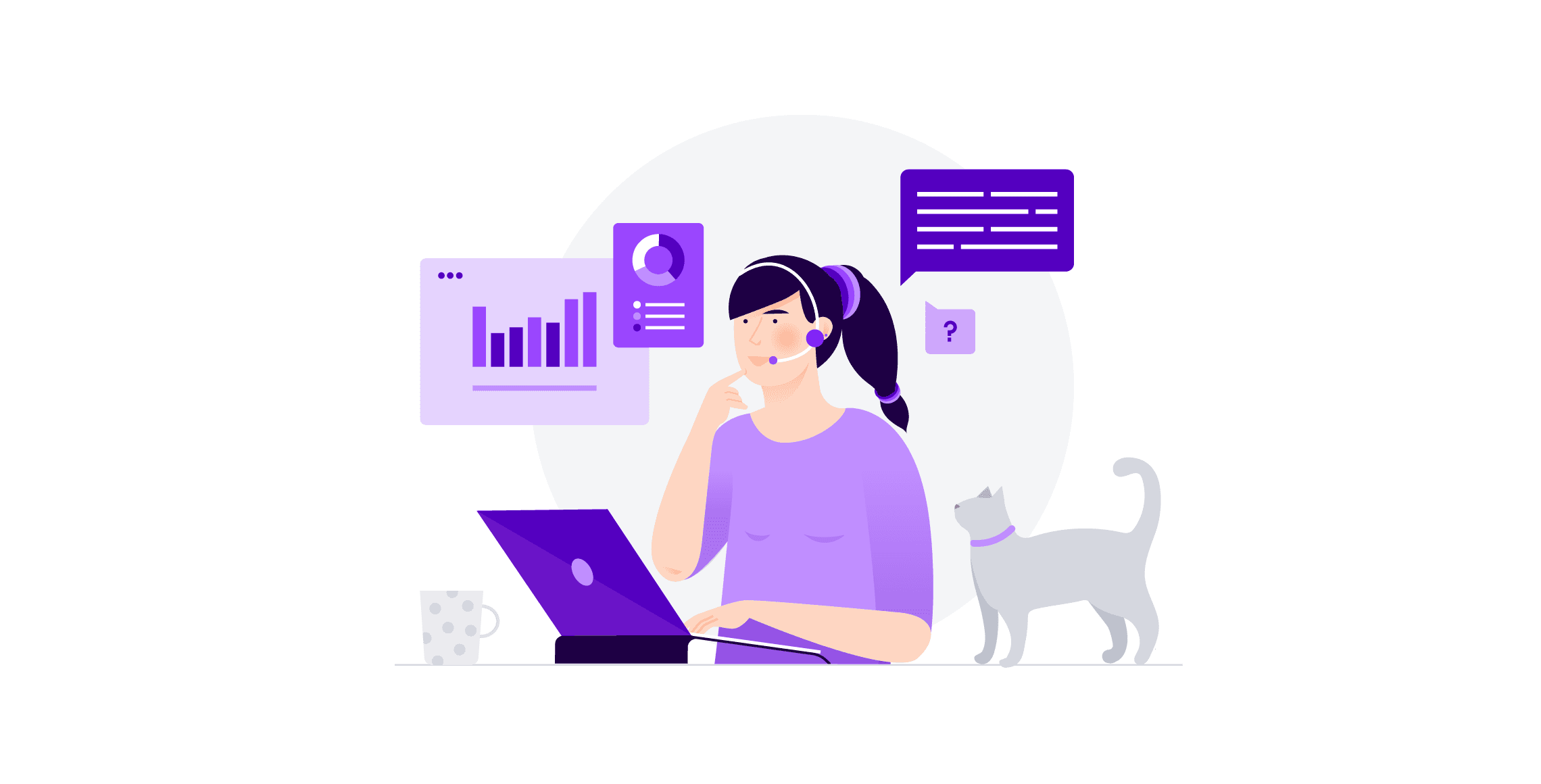 Woman agent using headsets looking at a computer. In the background a cat and several images with graphs and information help to reduce agent attrition