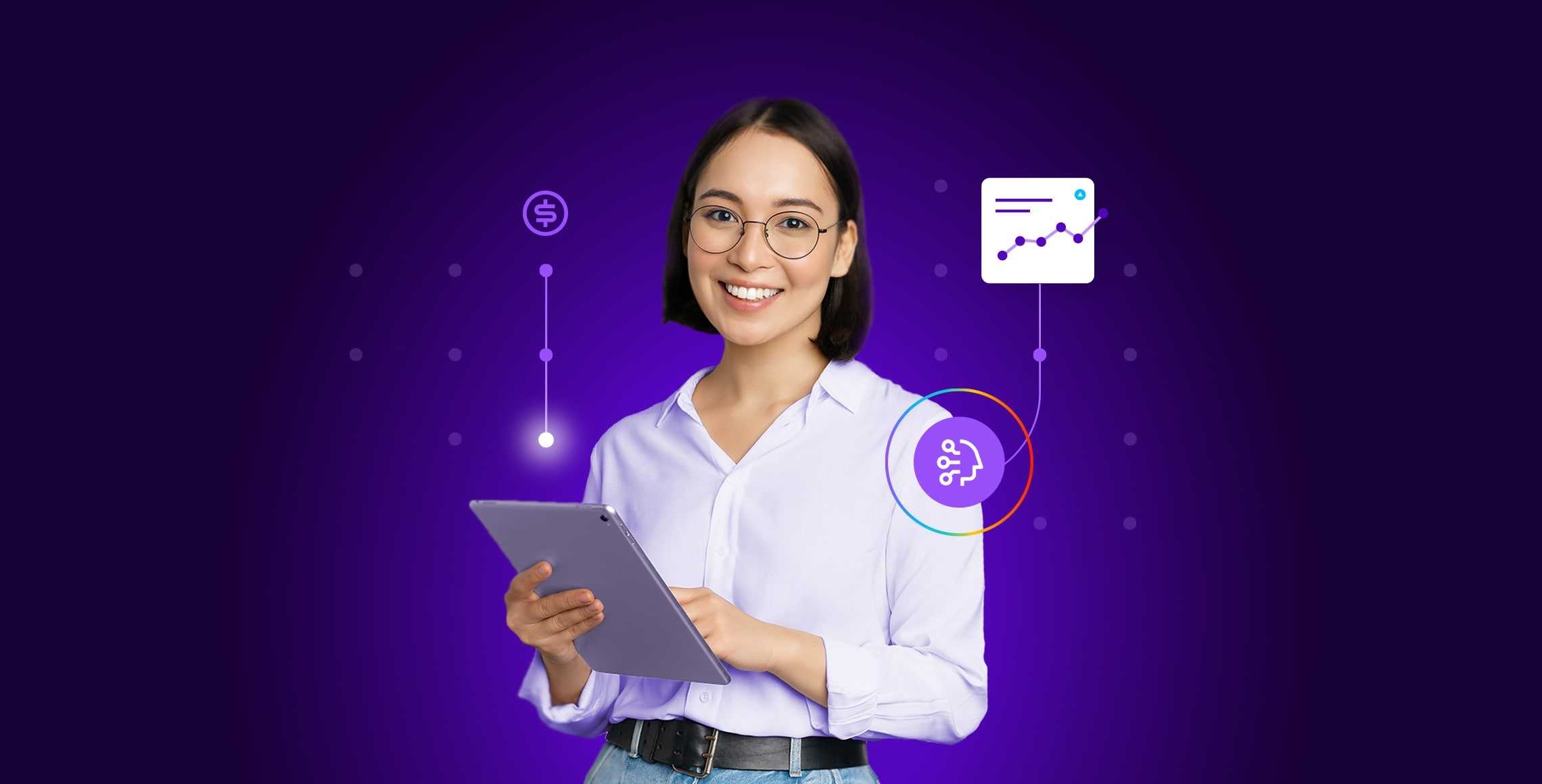 Woman with glasses holding a tablet with ai credit union back office icons on the back