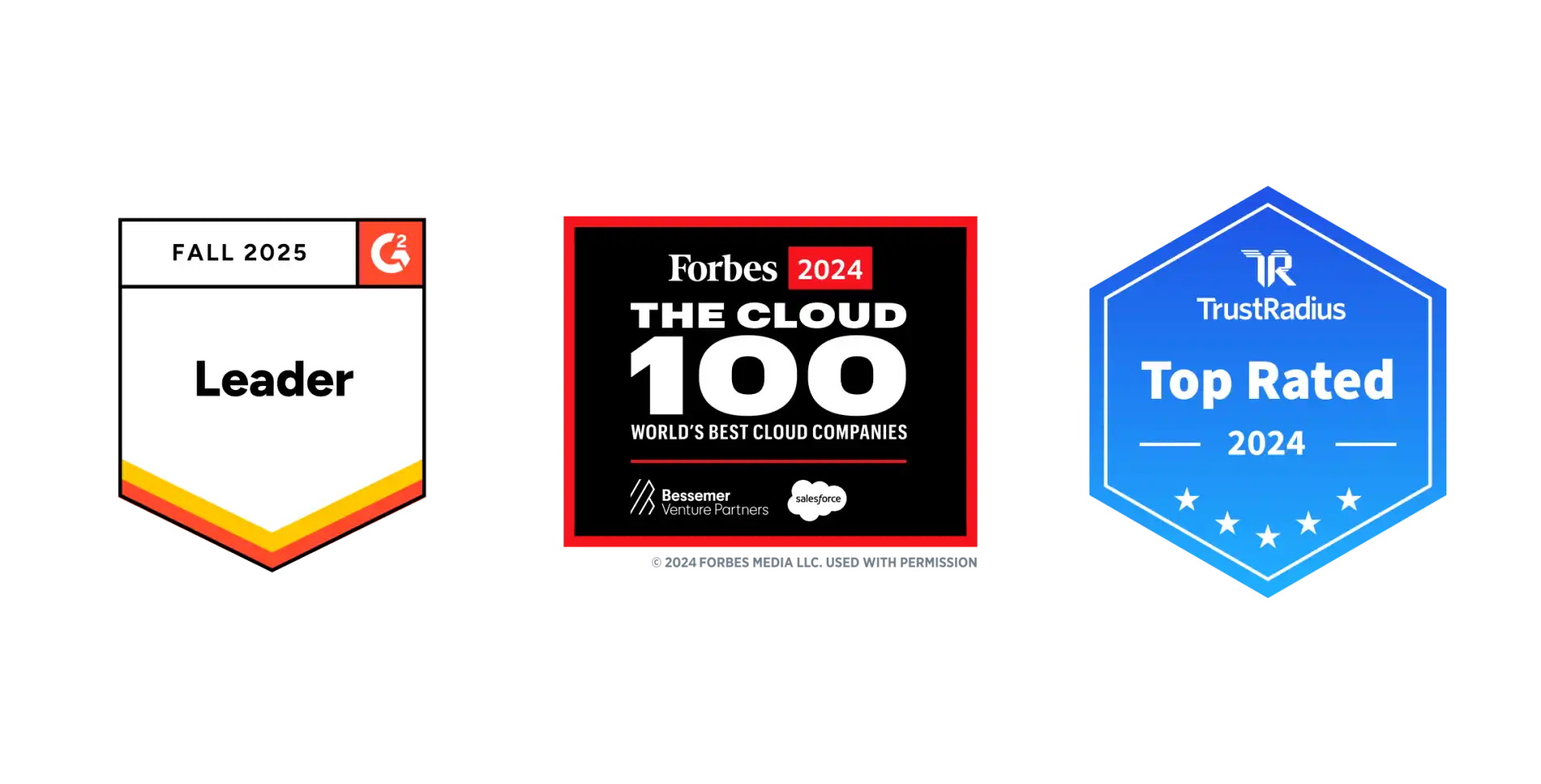 G2 Summer 2025 Forbes Cloud 100 Trustradius Top Rated 2024