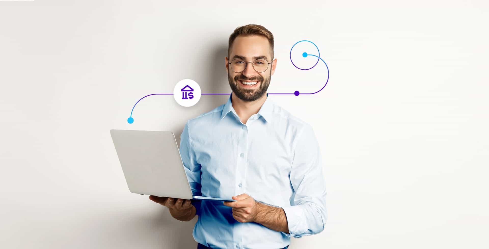 Man holding a laptop very happy with his banking customer experiece