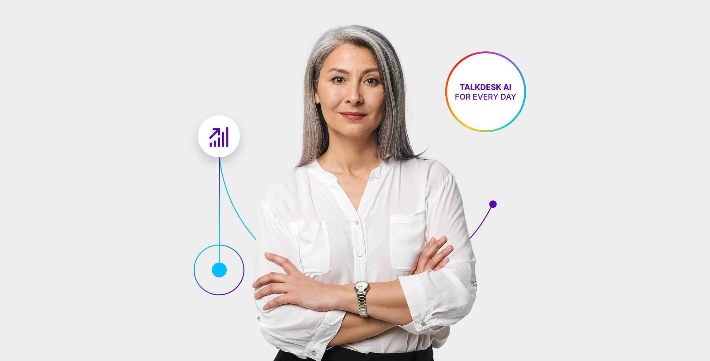 A woman smiles with crossed arms, surrounded by icons that represent the possibilities of AI for insurance and CX