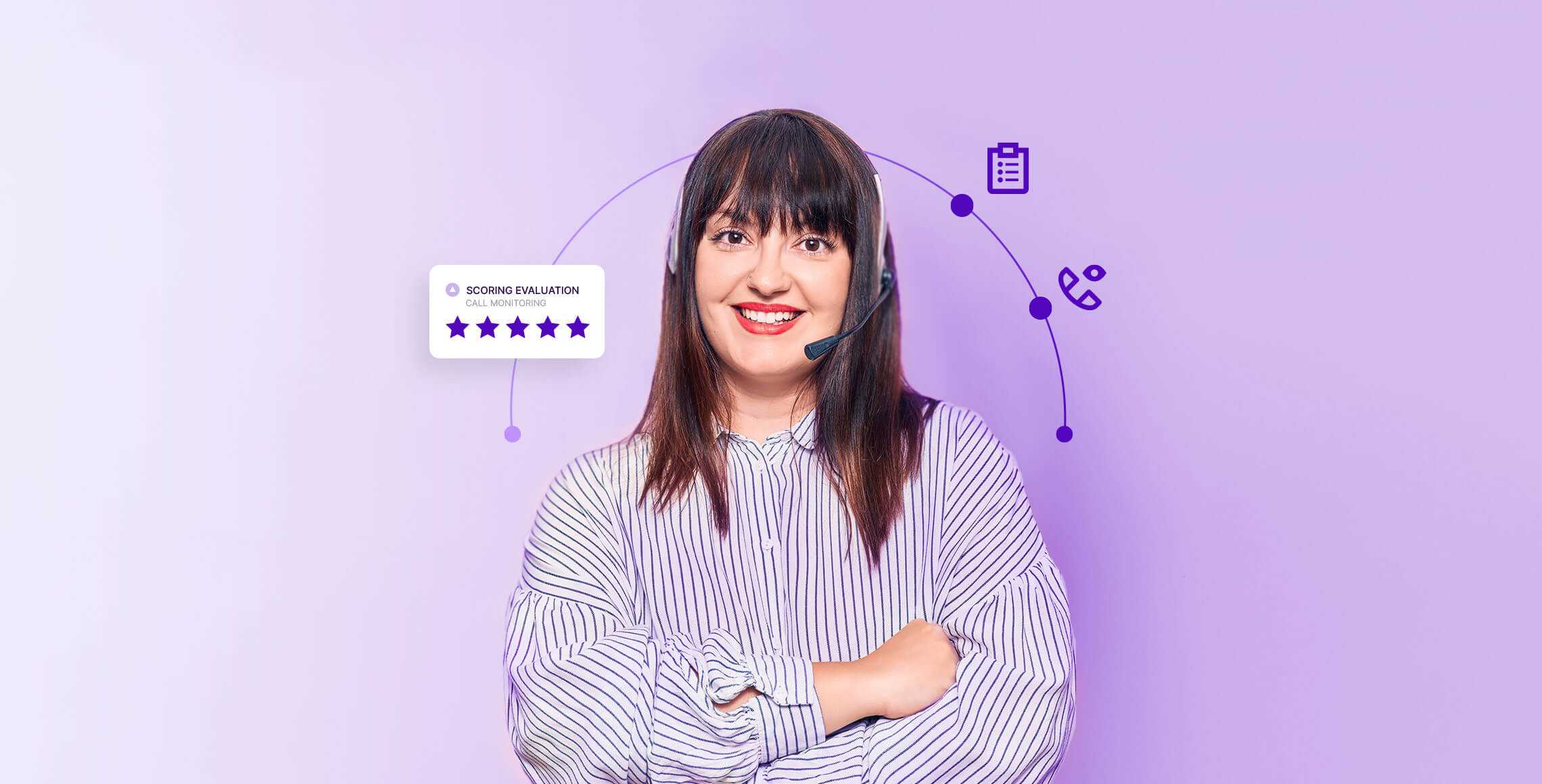 happy woman with headsets, a phone icon and a file icon connected to a call center scoring evaluation form